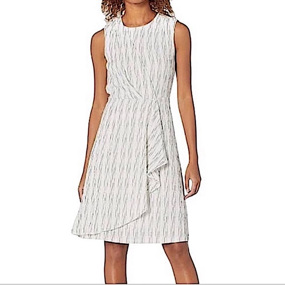 Calvin Klein Cascade Ruffle Faux Wrap Dress Sleeveless White Black Size 8 - Picture 1 of 14